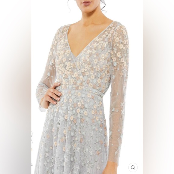 Embellished wrap over illusion long sleeve gown - Picture 3 of 9